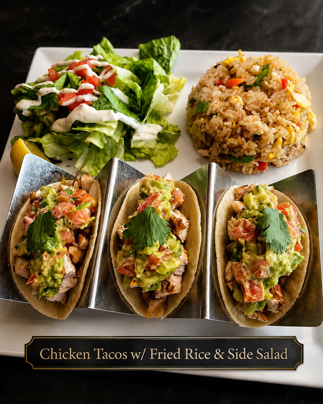 Chicken tacos with fried rice and a side salad.