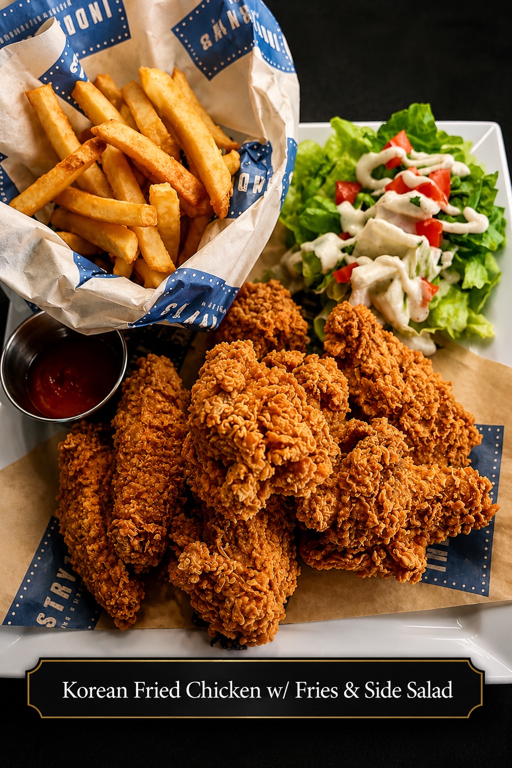 Korean fried chicken with fries and a side salad.
