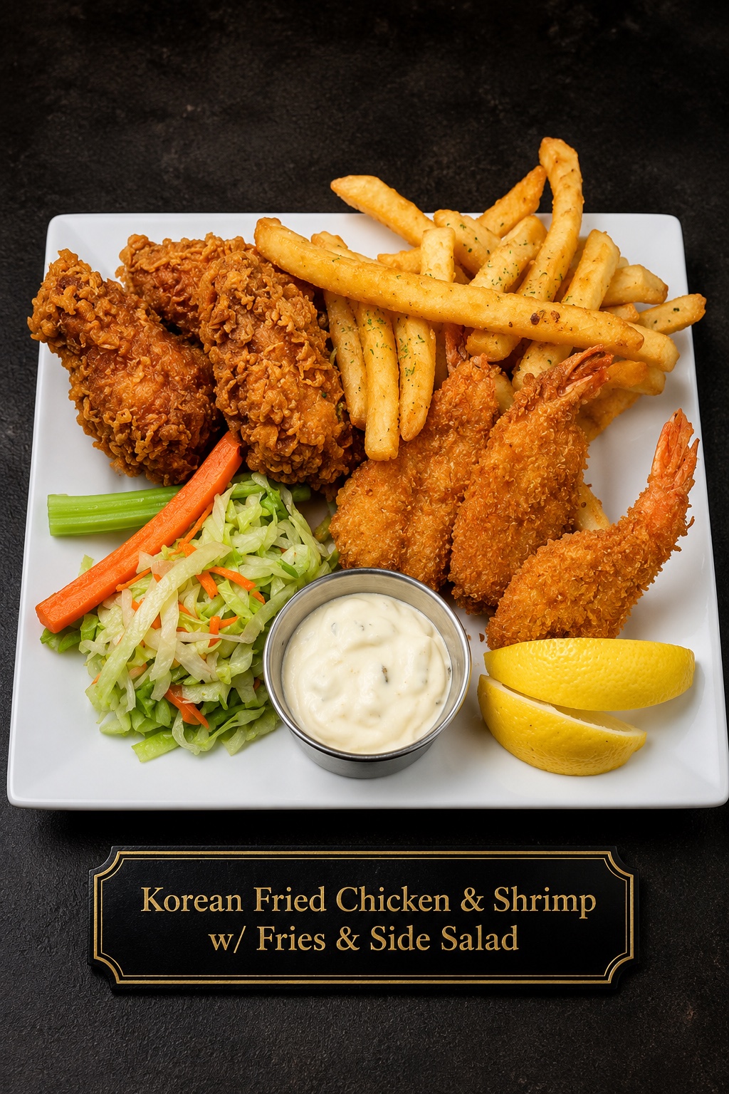 Korean fried chicken and shrimp with fries and a side salad.